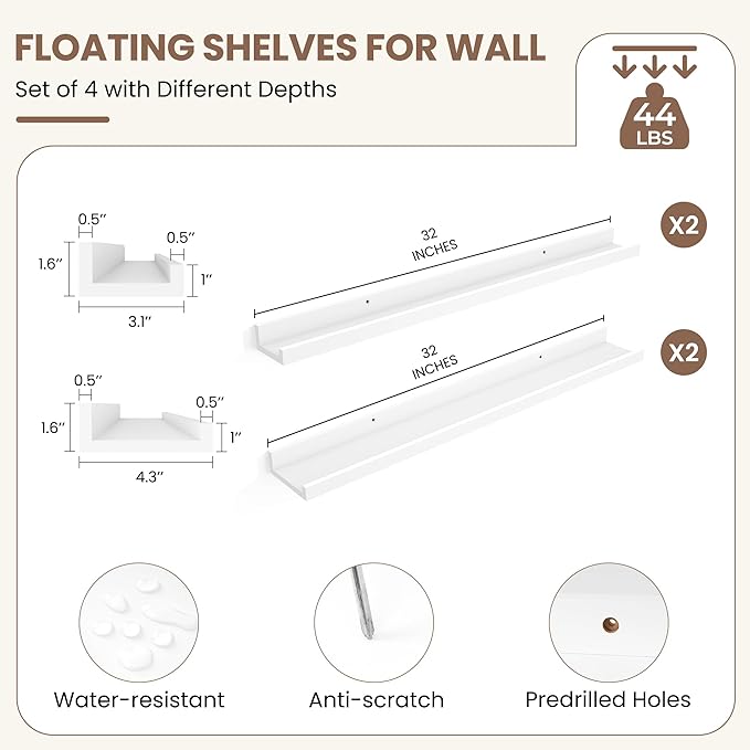 Fun Memories Picture Ledge Shelf, White Floating Shelves Set of 4, 32 Inch Picture Shelves for Wall with Ledge, Large Nursery Book Shelf for Toys Storage, Living Room, Bedroom Decor Frames