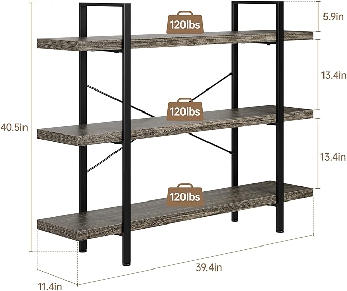 Heavy Duty 3-Tier Industrial Bookcase, 39" Wide Wood Bookshelf for Home Office, 120lbs Shelf Capacity, Rustic Shelving Display with Reinforced Horizontal Shelf for Living Room Bedroom, Grey