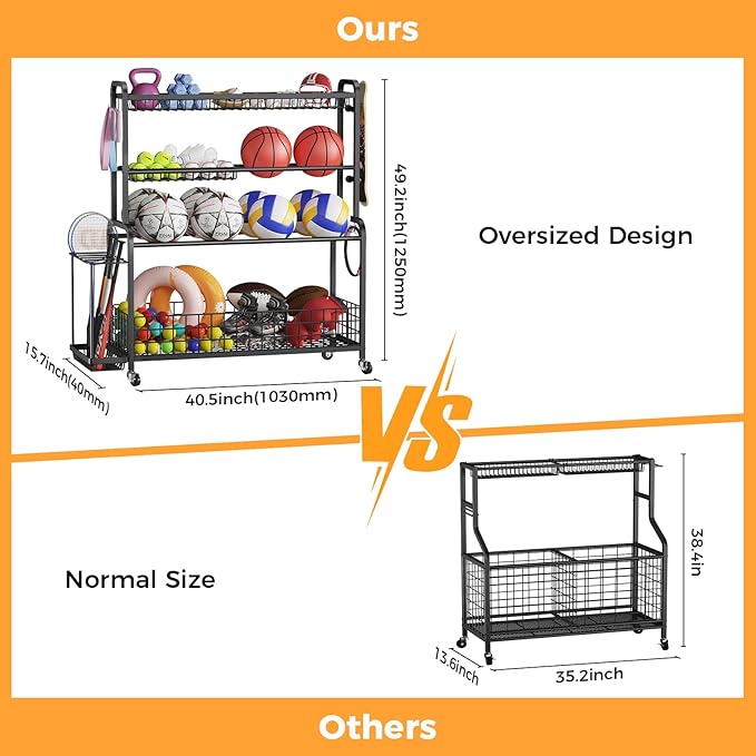 VOPEAK Oversized Sports Equipment Organizer, 4 Layers Rolling Ball Storage Rack for Garage Storage with Wheels Removable Hooks and Baskets Large Capacity Black Ball Holder for Toy Sports Gear Storage