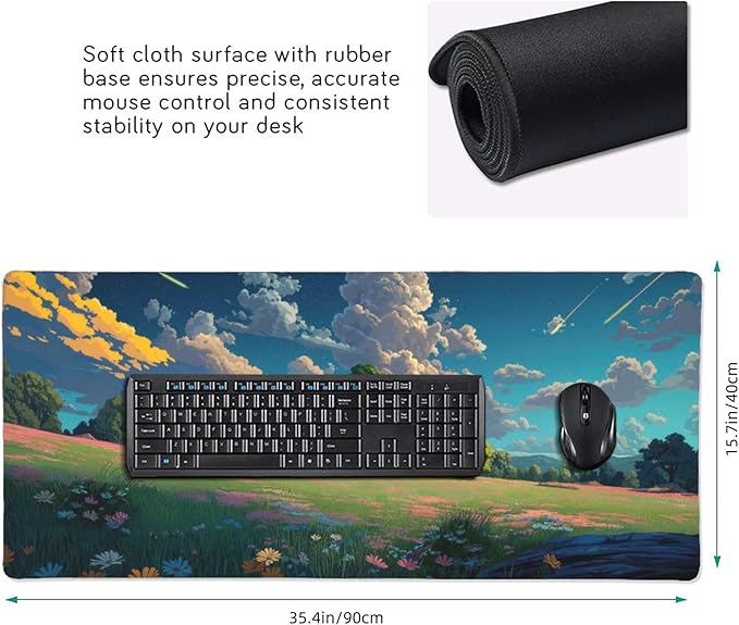 Anime Grass Flowers Blue Sky Large Mouse Pad, Vintage Aesthetic Gaming Desk Mat, XXL Keyboard Desk Pad Mat for Desktop, 35.4"x15.7" Non-Slip Base Big Mousepad with Stitched Edges