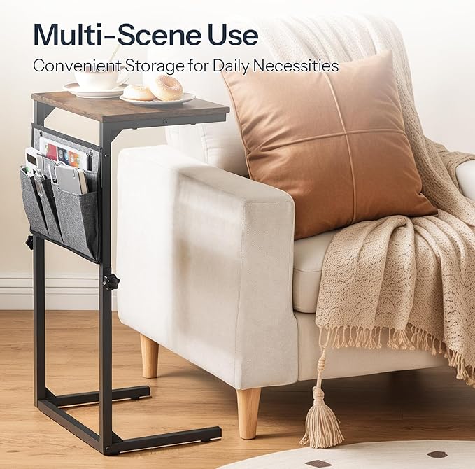 HOOBRO C Shaped End Table, 29.5’’ Adjustable Height Side Table with Storage Pockets, Couch Table Slide Under for Sofa, Small Space, for Living Room, Bedroom, Rustic Brown and Black BF77SF01