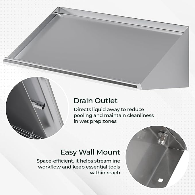 304 Stainless Steel Slanted Wall Rack Shelf with Drain Outlet – 21" x 22.5" | Compact Wall-Mounted Drip Shelf for Commercial Kitchen or Bar (21 in. x 22 1/2 in)