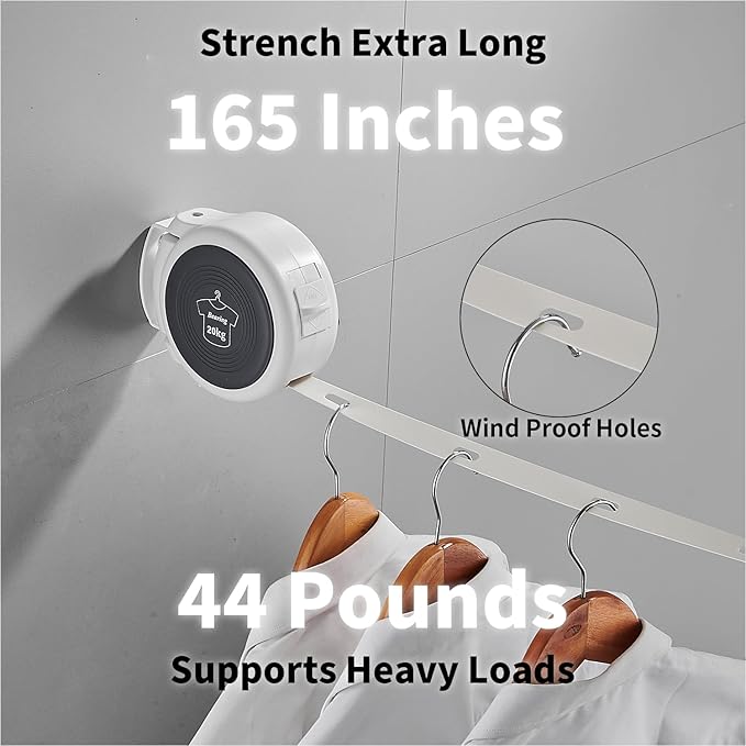 Retractable Clothesline Indoor Outdoor Clothesline - Laundry Line - Clothing Line - Heavy Duty Wall Mounted Windproof Non Slip Space Saving RV Clothes Drying Rack