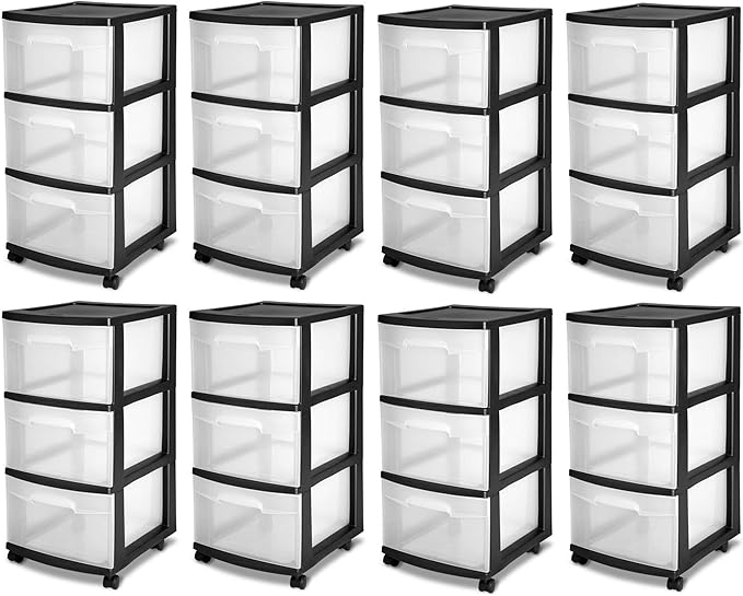 Sterilite 8 Pack Plastic Storage Organizer, 3 Drawer Rolling Bin Cart, Closet Organization, Black