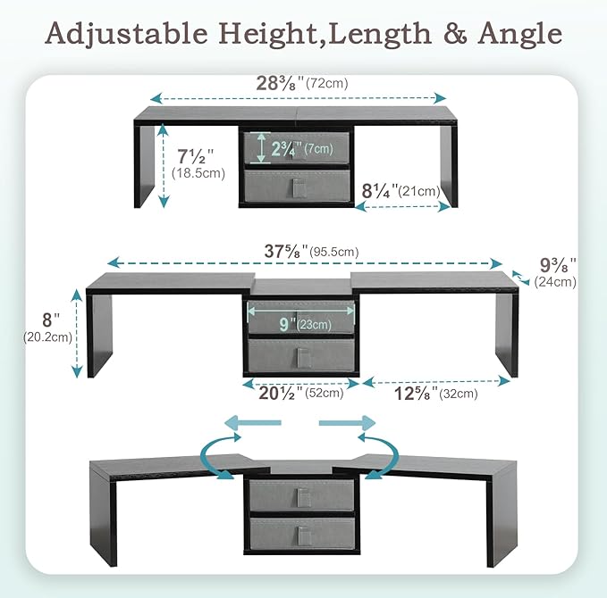 TEAMIX Dual Monitor Stand Riser with 2 Drawers-Length and Angle Adjustable 3 shelf Monitor Riser with Storage Desk Organizer Large Computer Monitor Stand for 2 Monitors/Laptop/PC,Wood Screen/TV Stand