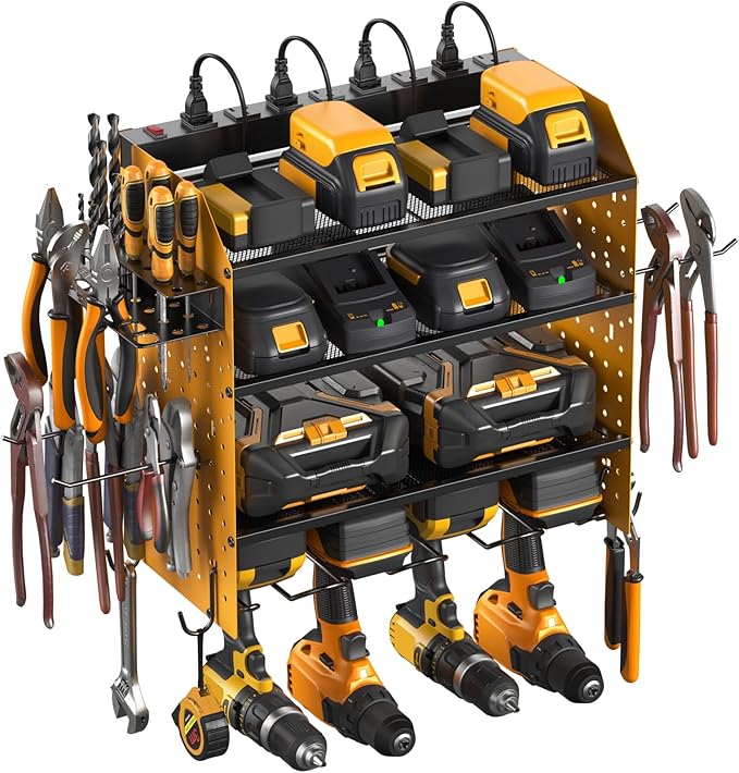CCCEI Modular Pegboard Rack Power Tool Organizer with Charging Station. 4 Layer Wall Mount Drill Holder, Yellow Tool Battery Charger Organizer. Garage Shop Storage Utility Shelf with 10FT Power Strip