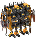 CCCEI Modular Pegboard Rack Power Tool Organizer with Charging Station. 4 Layer Wall Mount Drill Holder, Yellow Tool Battery Charger Organizer. Garage Shop Storage Utility Shelf with Power Strip.