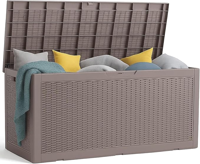 280 Gallon Large Resin Deck Box, Lockable Outdoor Storage Box for Patio Cushions Storage Furniture,Garden Tools, Pool Supplies, Weatherproof and UV Resistant- Grey Rattan (280Gallon)