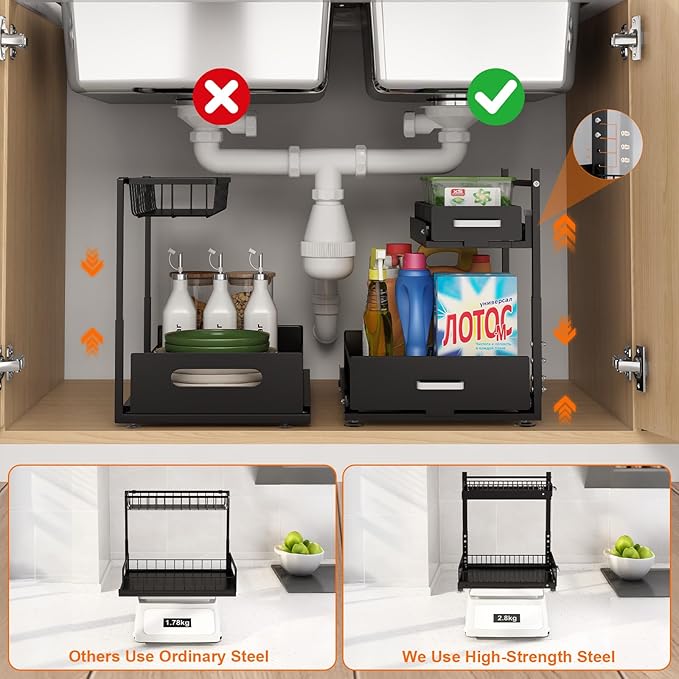 Under Sink Organizer,2 Tier Slide Out Kitchen Cabinet Organizers with Pulley,Under Bathroom Sink Pull Out Organizer with Multiple Height Adjustments for Kitchen and Bathroom Cabinets-Black