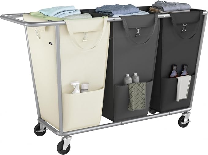 SONGMICS Laundry Basket with Wheels, 3-Section Laundry Sorter, 76.6 Gallons (290 L) Rolling Hamper with Removable Bags, Heavy-Duty Steel Frame, Cream White, Dark Gray and Ink Black URLS010X01