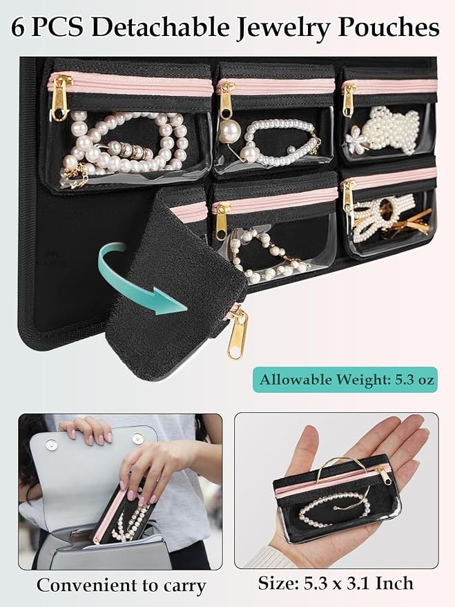 MATEIN Hanging Jewelry Organizer with Removable Travel Jewelry Pouch, Tangle Free Necklace Hanger Wall Mount with Metal Hook, Large Earring Storage Holder for Bracelet Ring Display, Gifts for Her