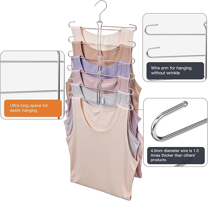 Tank Top Hanger 2 Pack Bra Hangers for Closet Organizer,6 Tiers Metal Space Saving Hanger with 360 Degree Hook,Mult Function Closet Organization for Vest,Tank TOP,Yoga Pants,Scarves