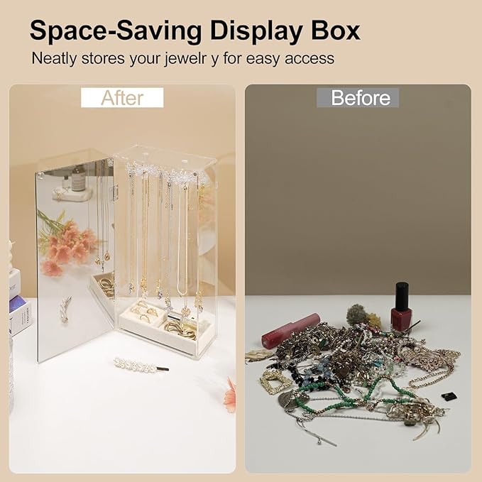 Acrylic Jewelry Organizer with Mirror - 24 Rotating Hooks, Velvet Tray for Necklaces, Rings & Earrings - Clear Necklace Holder Organizer, Rotating Jewelry Box, Elegant Necklace Jewelry Box for Women