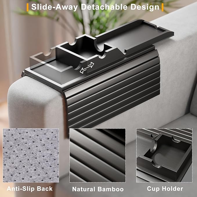 Couch Armrest Table, Sofa Arm Tray with Detachable Couch Cup Holder - 2 in 1 Anti-Slip Foldable Sofa Armchair Caddy Table for Drinks Cellphone TV Remote Snacks (Black)