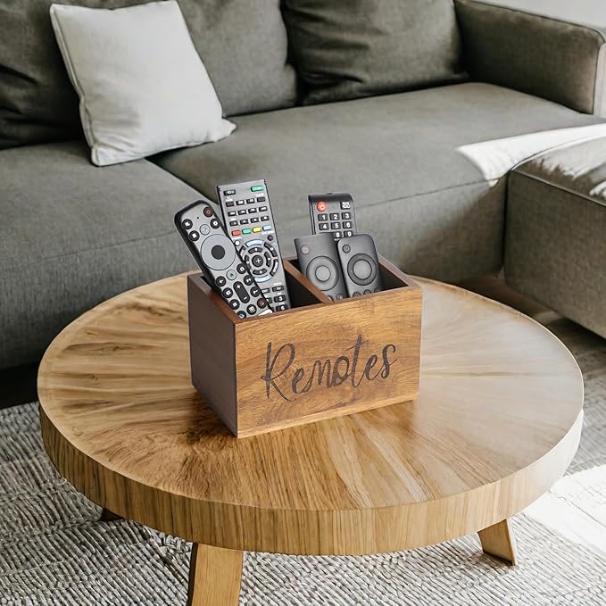 Acacia Wood TV Remote Holder, Caddy and Organizer for Table, Vintage Farmhouse Desk Caddy (Brown, 4+ Remotes)