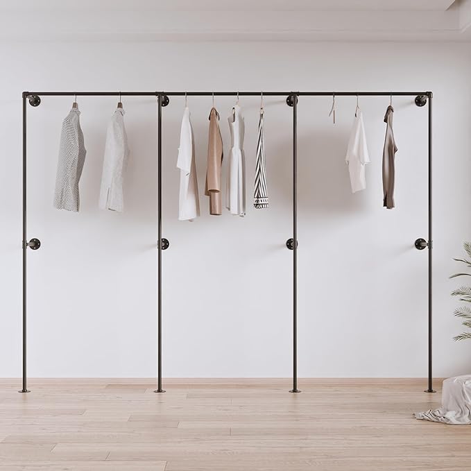 Industrial Pipe Clothing Rack, Heavy Duty Wall Mounted Clothes Rack, Retail Display Hanging Garment Rod for Laundry Rooms, Closet Storage 14.6x110x82.7 Inches, Model K07