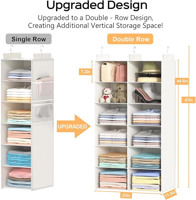 Dual-Row Hanging Closet Organizer – Foldable Clothes Storage Shelves with 3 Hooks, Space-Saving Wardrobe Organizer for Dorm Rooms, Bedroom or Closet (White, 6 Tier)