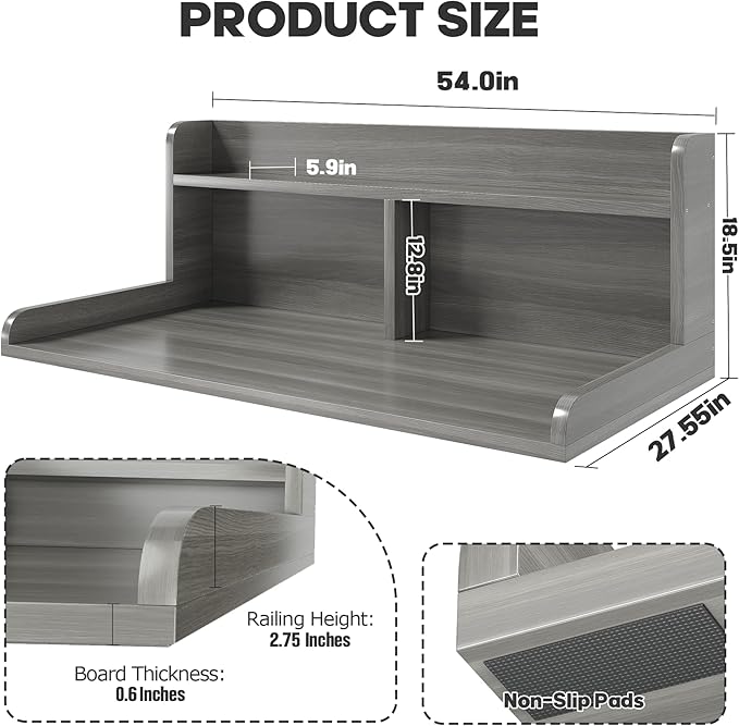2-Tier Washer Dryer Countertop, 18.5" Raised Height Laundry Countertop with Edge Rails and Non-Slip Pad, 54"W x 27.55"D Washer and Dryer Topper for Laundry Room Storage Organization (Stripe Gray)