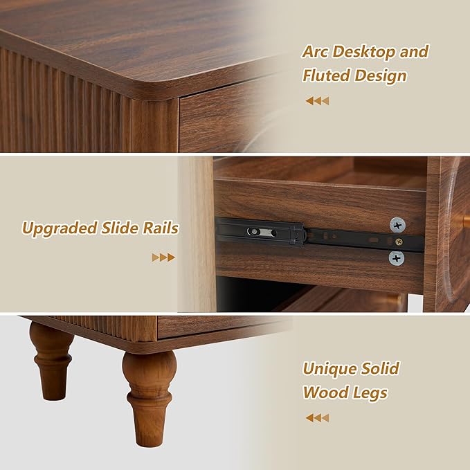 Fluted 5 Drawer Dresser for Bedroom Set of 2, Modern Mid Century Chest of Drawers, Wood Storage Large Dresser Organizer for Bedroom Living Room Closet Hallway, Walnut