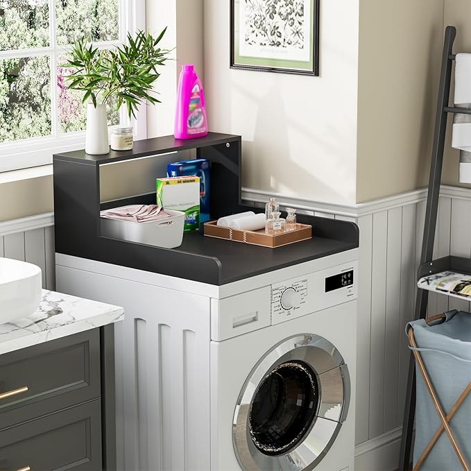Washer Dryer Countertop with Shelf, 27.5" D x 27.5" W x 12.6" H, Sturdy Wood Frame, Countertop for Washer and Dryer, Non-Slip Pads & Edge Rails, Laundry Room Storage(Black)