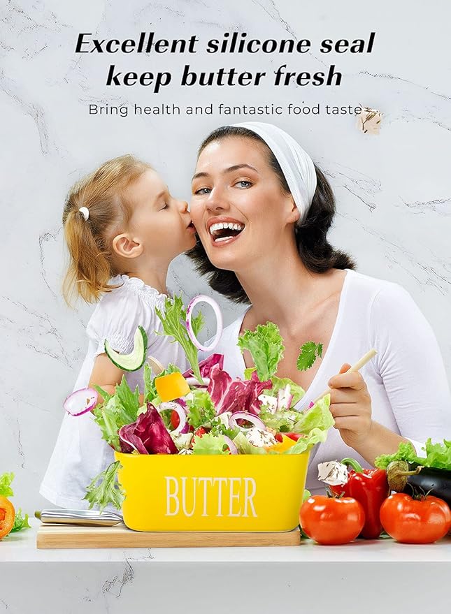 Large Butter Dish With Lid - Ceramic Container for Countertop, Holder With Knife and Sponge Scrubber, Perfect for 2 Sticks, Yellow