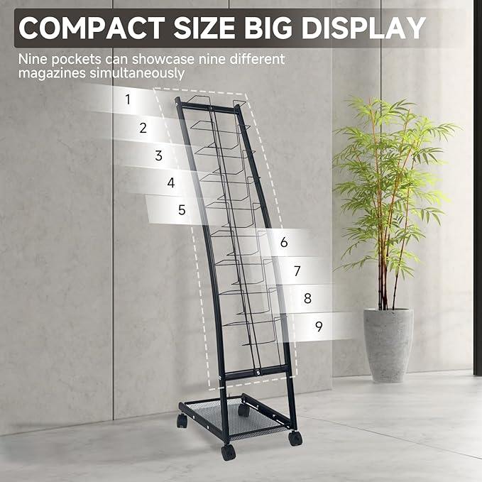 TONGMO Magazine Rack: Floor-Standing with Wheels, 9-Tier Brochure Display Stand for Exhibitions, Office, and Any Organization Requiring Information Display