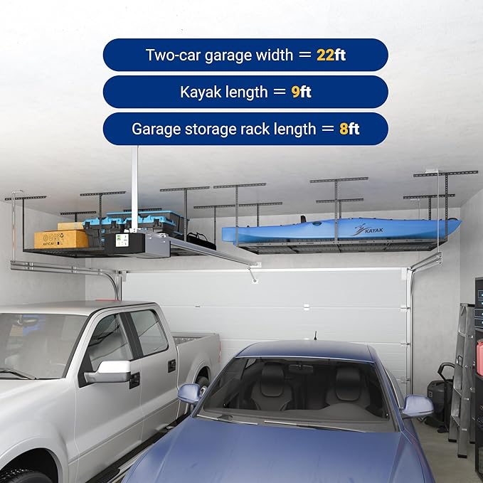 FLEXIMOUNTS 4x8 Overhead Garage Storage Rack, Adjustable Organization System, Heavy-Duty Metal Ceiling Racks, 750lbs Weight Capacity, Hammertone, Classic Series