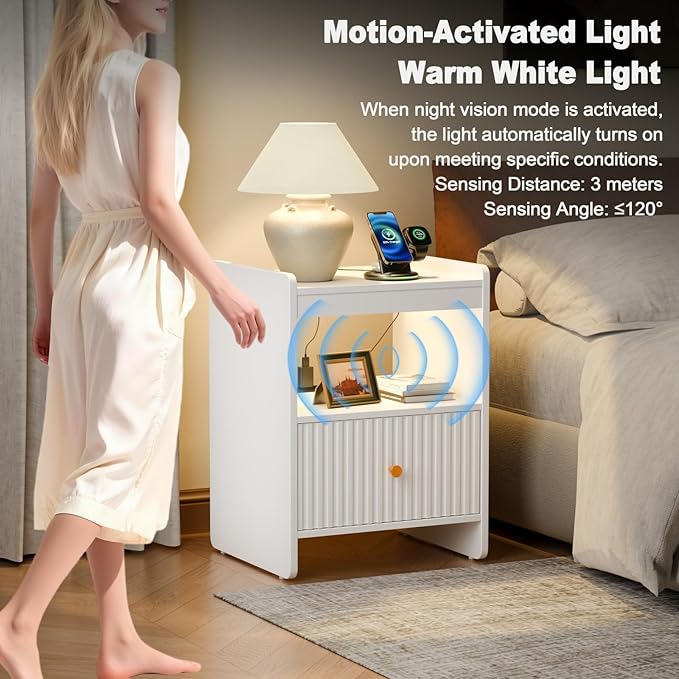 HIFYOBRO 21.6" Tall Fluted Nightstand Set, End Table with Charging Station and LED Light, Modern End Side Table with Drawer (White)
