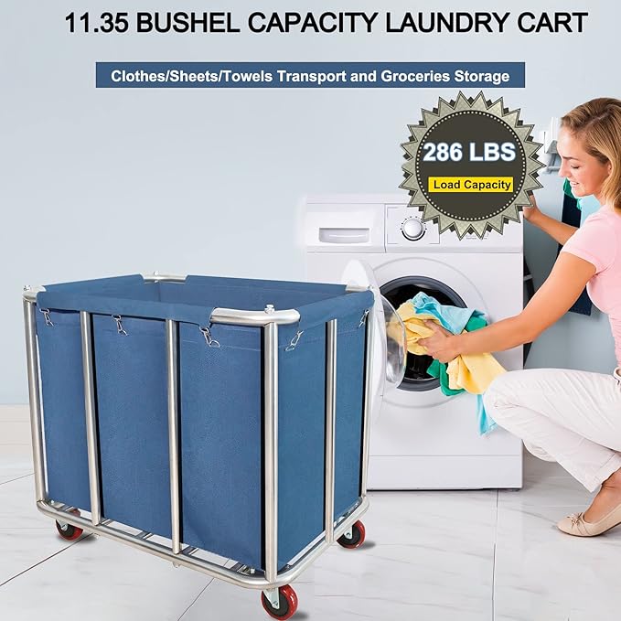 Laundry Cart Commercial,11.35 Bushel (400L) Large Industrial Rolling Laundry Hamper with 4 Inch Wheels,Home Heavy Duty Laundry Baskets with Stainless Steel Frame, 286 LBS Load，10 Support Tubes
