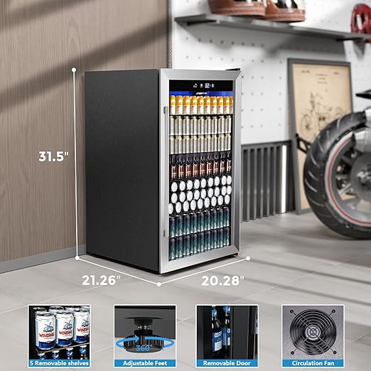COWSAR 4.5 Cu.Ft Wine Fridge 37 Bottle, ETL Approved Freestanding Wine Cooler 145 Can Beverage Refrigerator with Stainless Steel Reversible Glass Door, Drink Fridge for Home Bar, Kitchen, Game Room
