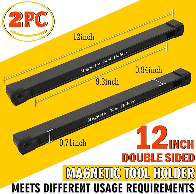 Double Sided Magnetic Tool Holder, 12 Inch Magnetic Tool Bar, Heavy Duty Wall Mount Strip with Ultra Strong Magnet for Garage, Workshop, Jobsite, Shed and Kitchen (2 Pack)