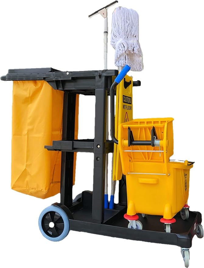 SIMPLI-MAGIC Janitorial Cart, 330 lbs Capacity – 3-Shelf Commercial Housekeeping Cleaning Cart on Wheels, 25 Gallon Bag with Lid – Stable, Smooth Movement
