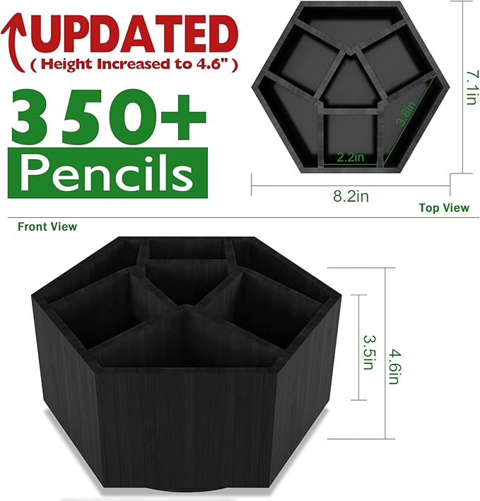 Houtingmaan Art Caddy Organizer for Kids, Bamboo Pencil Organizer with 7 Compartments, Pen Storage, Marker Holder, Desk Caddy, Black