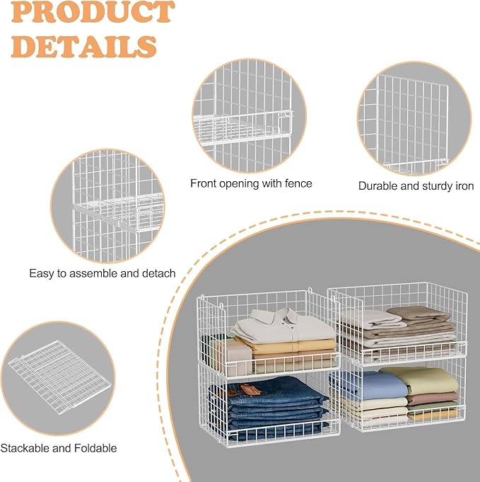 Closet Organizers and Storage Basket- 3-Tier Stackable Storage Bins, Foldable Closet Shelf Organizer Basket, Stackable Clothes Organizers Shelves for Home Organizer System