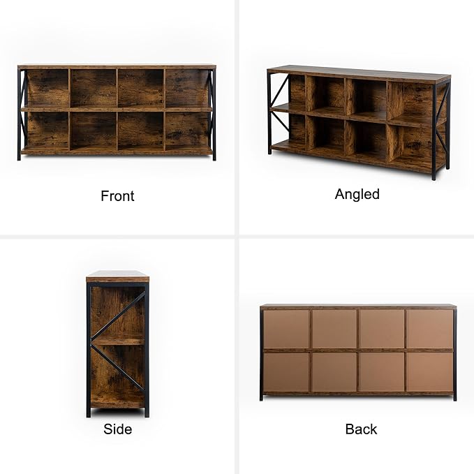 otlectics 2-Tier Bookcase with 8 Cubes, 63 Inch Industrial Horizontal Bookshelf, Home Office Storage Cabinet Organizer with Metal Legs, Rustic Brown