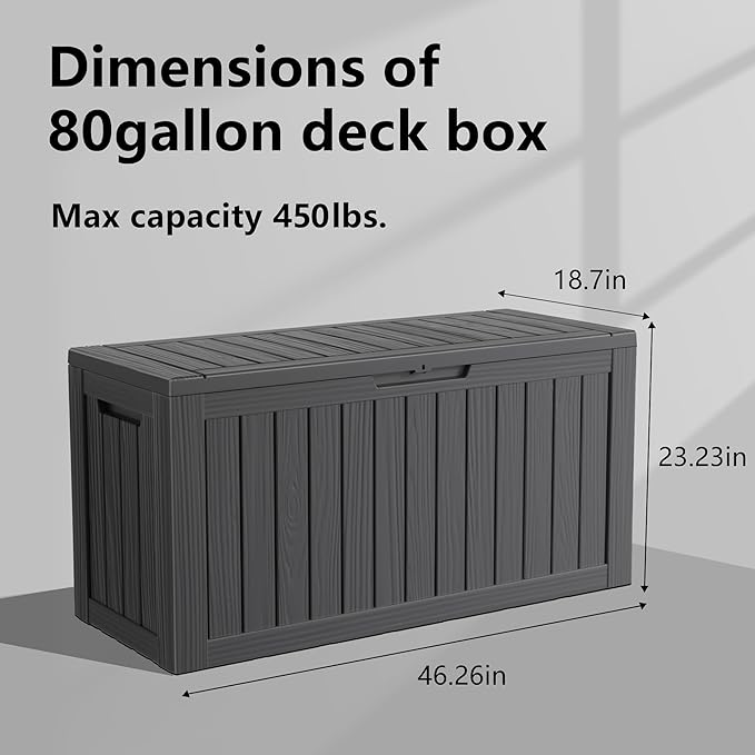EasyUp 80 Gallon Outdoor Storage Box Waterproof, UV Resistant Resin Deck Box with Hydraulic Rod, Reinforced Stability for Patio, Garden, Striped Black