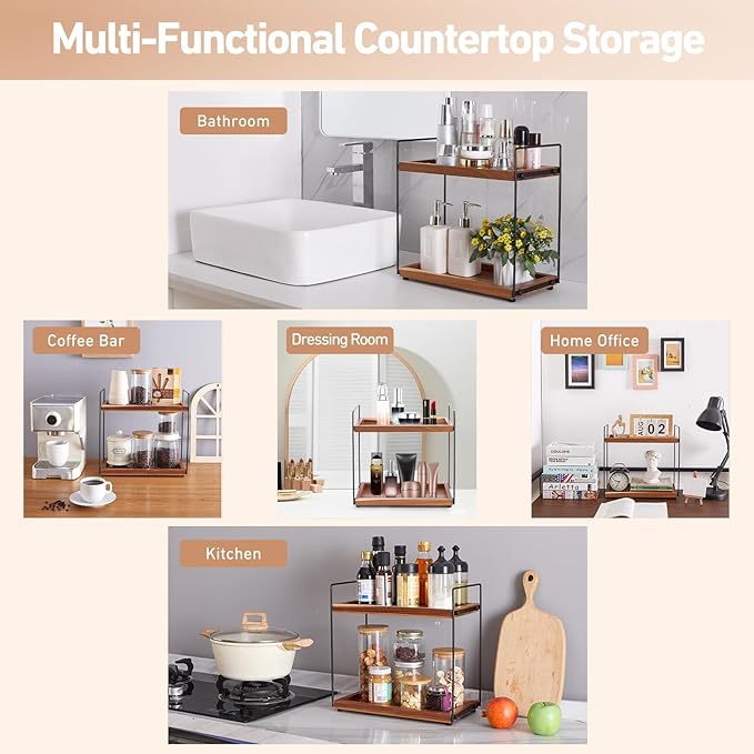 Bathroom Counter Organizer Countertop Storage - 2 Tier Bathroom Countertop Organizers Coffee Bar Organization Acacia Wood Counter Top Organizer Kitchen Spice Rack Vanity Shelf Toilet Vanity Organizers