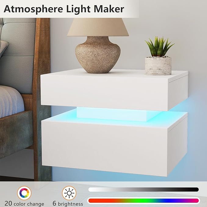 Floating Nightstand Set of 2, Wall Mounted Night Stand with Led Lights, Modern Bedside Tables with Drawers for Bedroom, Easy Assembly