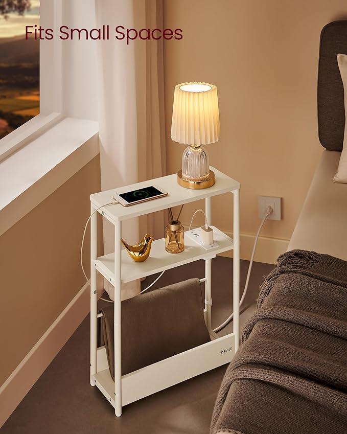 VASAGLE Side Table with Charging Station, Narrow End Table, 3-Tier Nightstand, Sofa Table for Small Spaces, Magazine Rack, for Living Room, Bedroom, Study, Cream White ULET335W01