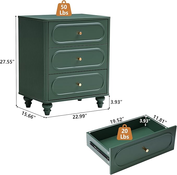 3 Drawer Fluted Dresser for Bedroom, Mid Century Modern Chest of Drawers, Wood Storage Small Dresser Organizer for Bedroom Living Room Hallway Closet, Green