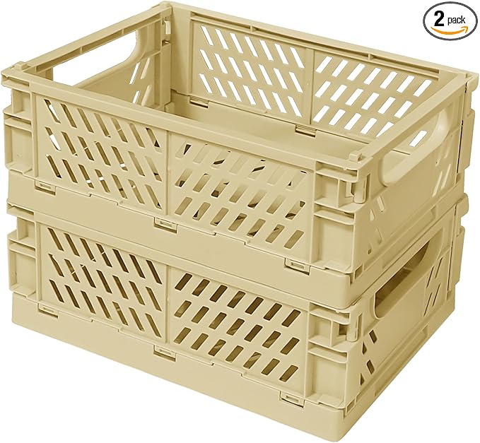 Small Pastel Plastic Storage Bins 2Pcs Foldable Pastel Crates Plastic Basket Colorful Storage Containers Baskets for Classroom Kitchen Office Bedroom Desktop Home Decor (Yellow 9.8" x 6.5" x 3.8")