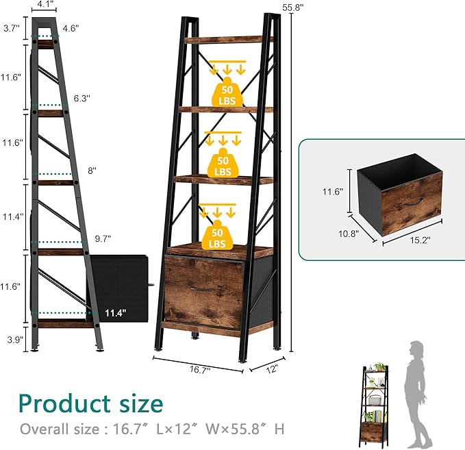 Vongrasig Ladder Bookshelf with Drawer, 5 Tier Industrial Bookcase Display Shelf, Tall Narrow Bookcase Corner Freestanding Rack Storage Organizer for Home Office, Living Room