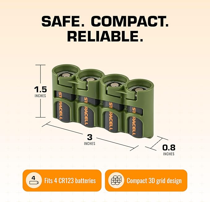 Storacell Slimline CR123 Battery Storage Caddy, Military Green, Holds 4 Batteries (Not Included)