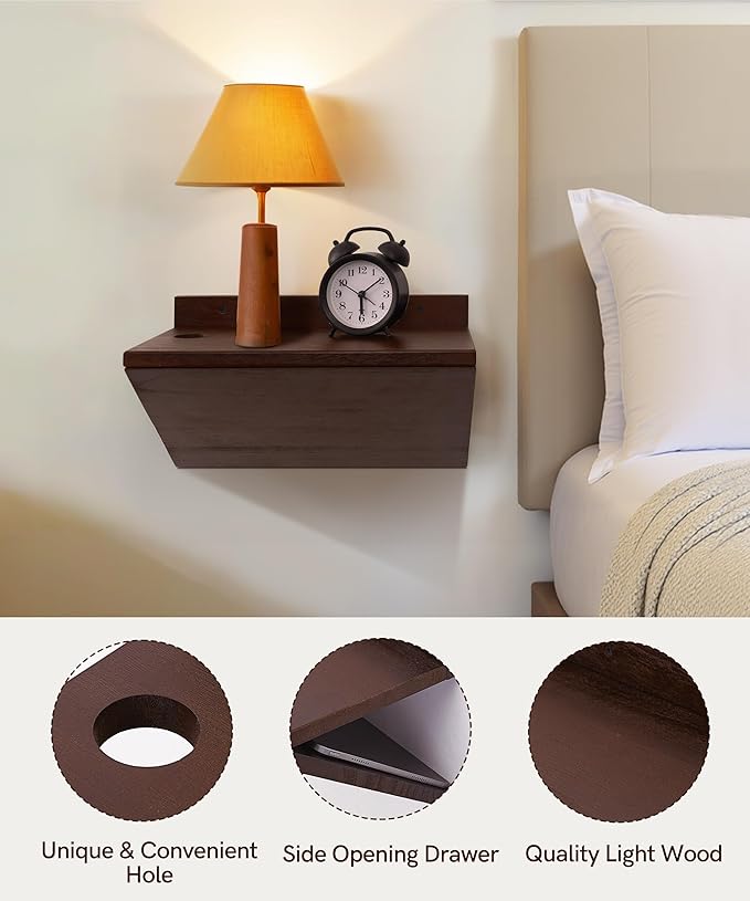 Modern Floating Nightstand Wooden Hanging Bedside Table with Cable Hole Small Wall Mounted Night Stand Shelf Organizer for Bedroom Livingroom 13 Inch Wide 7 Inch Deep