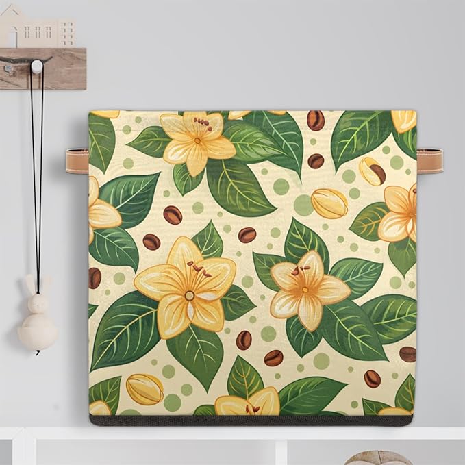 TropicalLife 13x13x13 Inch Large Fabric Storage Cube Yellow Flower Foldable Storage Bin with Handles Organizer Boxes Cube Basket for Shelves Organizing Closet