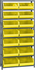 Quantum Storage Systems QSBU-250YL Giant Open Hopper Steel Shelving System, 12" D x 36" W x 75" H, with 8 Shelves and 14 QUS250 Bins, Yellow