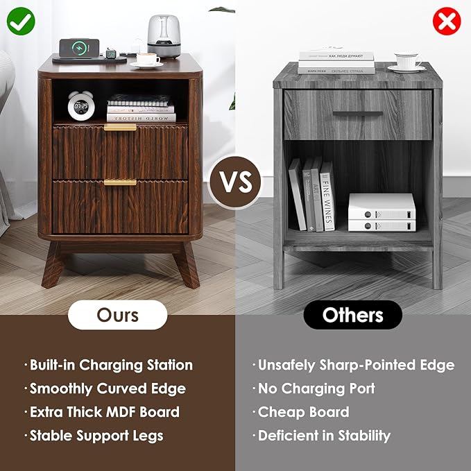 Nightstand with Charging Station, Fluted Nightstand with LED Lights, Modern Rustic Side Table with 2 Storage Drawers, Wooden End Table for Bedroom, Walnut 2pcs