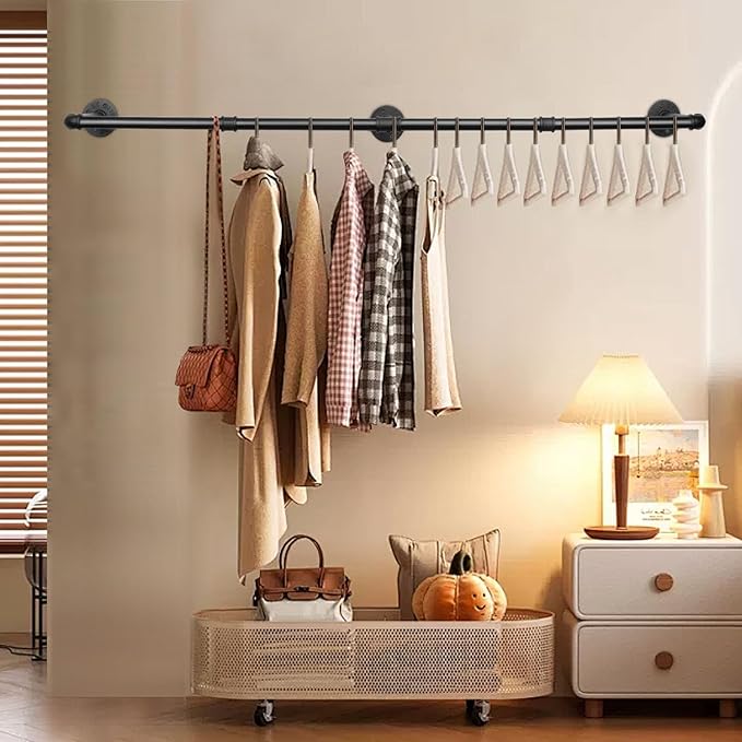 Industrial Iron Pipe Clothes Hanging Bar DIY Wall-Mounted Garment Rack Heavy Duty Clothing Rack for Bedroom, Laundry Room, Closet Storage (Black 50 inch)