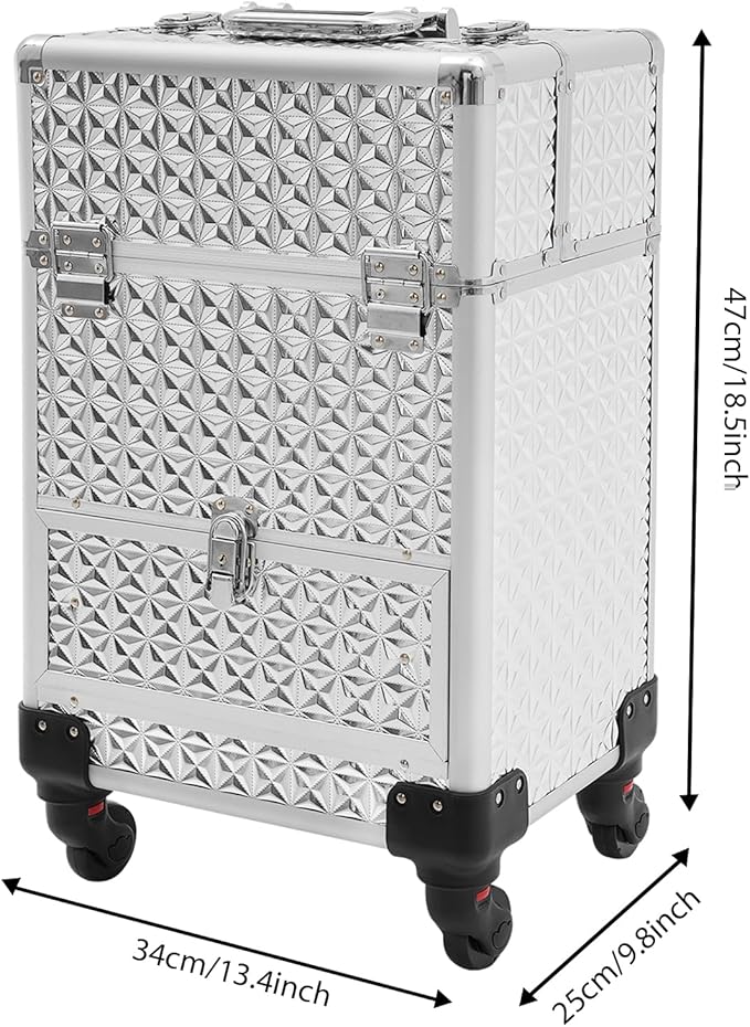 Professional Rolling Makeup Train Case with Lock, 7 Compartments 44lbs Capacity Rolling Nail Case Adjustable Organizer for Makeup Artists, Hairstylists, Pet Groomers (Sliver)
