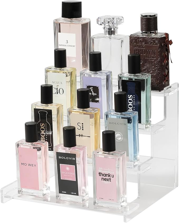 4-Tier Acrylic Display Riser Stand – 22.8x20x18.2cm Clear Perfume Stand for Display on Vanity, Countertops, & Retail Use – Tiered Acrylic Shelf for Figures, Cupcakes, Bottles, & Desserts